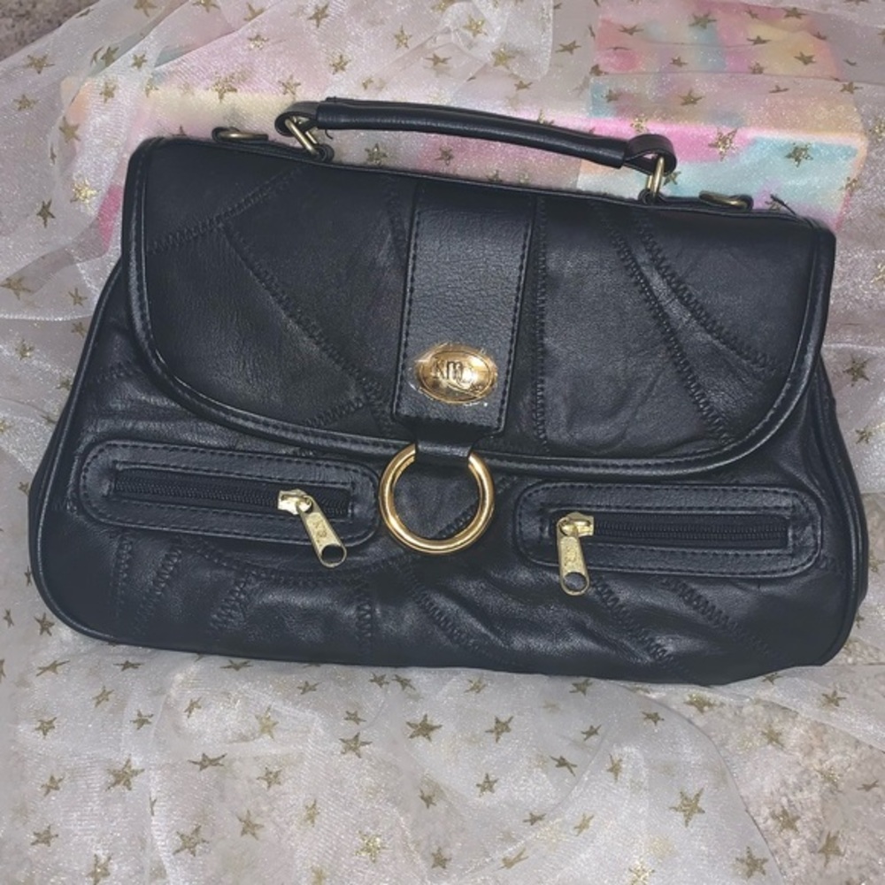 KMQ nwot 100% leather piel handbag black stitched